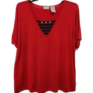 White Stag Women's 18W/20W Red Knit Short Sleeve Patriotic Sweater